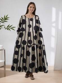 AZAH Bluzki, Jesienna nowość 2025, Luźna sukienka z okrągłym dekoltem i długimi rękawami, Sukienka damska w rozmiarze plate, Luźna sukienka plażowa w stylu boho na wakacje, Sukienka bazowa, Jedna sukienka, Długa sukienka jesienna