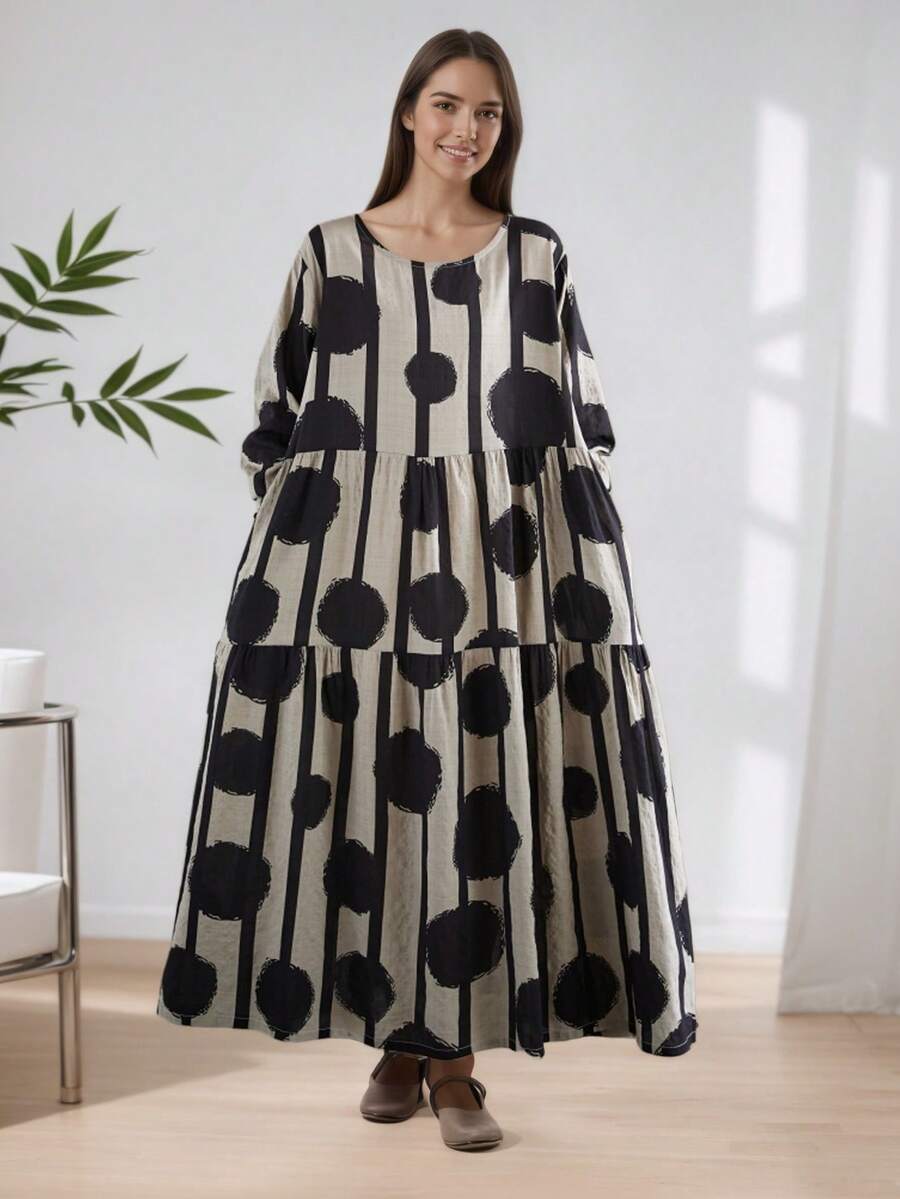 AZAH Bluzki, Jesienna nowość 2025, Luźna sukienka z okrągłym dekoltem i długimi rękawami, Sukienka damska w rozmiarze plate, Luźna sukienka plażowa w stylu boho na wakacje, Sukienka bazowa, Jedna sukienka, Długa sukienka jesienna