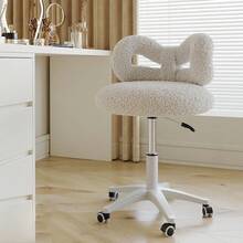 Teddy Velvet Makeup Chair With Back, Cute Rolling Chair Height Adjustable Swivel Vanity Stool Chair For Girls, Home Bedroom - 白色 - 查看 1