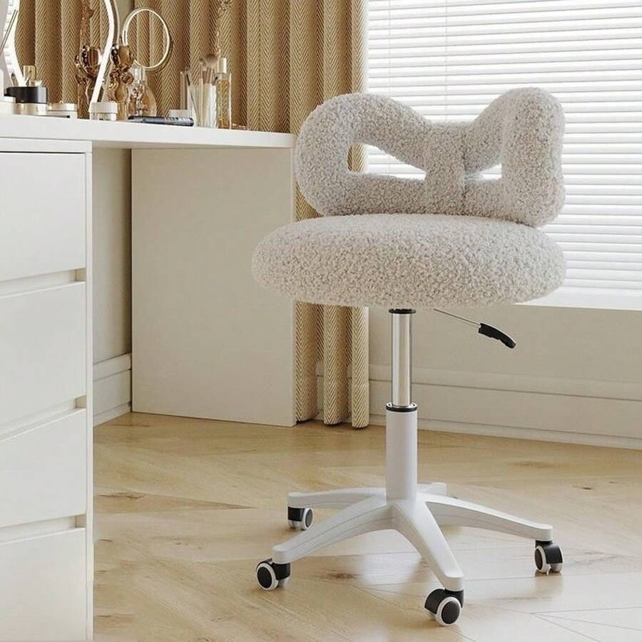 Teddy Velvet Makeup Chair With Back, Cute Rolling Chair Height Adjustable Swivel Vanity Stool Chair For Girls, Home Bedroom - White - View 1