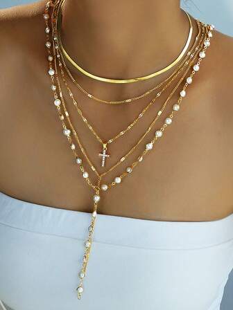(Random Faux Pearl Quantity) 5pcs Simple Faux Pearl Cross Multi-Layer Necklace Set, Y-Shaped Chain Long Necklace, Women Sweater Chain, Suitable For Friendship, Summer Vacation, Date, Gift, Casual, Party, Wedding