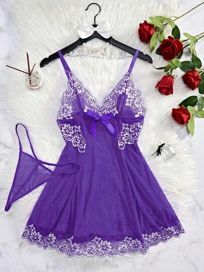2 Pieces Sexy Lingerie Semi-Sheer Suspender Nightdresses - Deep V Open Back, Bow Detail, Slightly Elastic, Solid Color, Knit Fabric, Women's All Season Nightdresses - Perfect For Koningsdag/Kings Day Celebrations