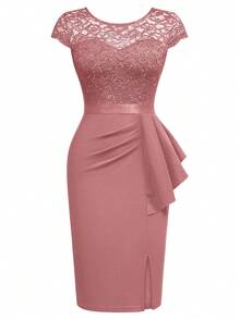 MIUSOL Women's Elegant Contrast Lace Sequin Insert Ruffle Trim Ruched Wrap Hem Bodycon Dress, Round Neck, Cap Sleeves, Perfect For Cocktail Party, Evening, Wedding Party - 藕粉色 - 查看 6