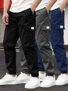 Set da 3 pantaloni cargo casual alla moda per ragazzi pre-adolescenti, con tasche, slim fit alla caviglia, comodi per l'uso all'aperto e lo stile da strada, adatti per primavera/autunno