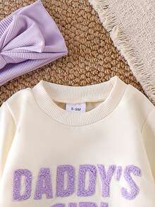 2 件女婴休闲简约“DADDY'S GIRL”字母刺绣运动衫和紧身裤套装，春秋 - 紫色 - 查看 4
