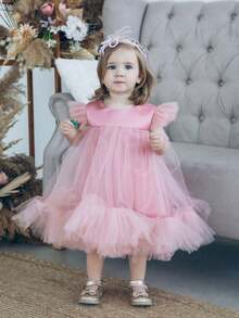 女婴粉色短袖薄纱优雅公主裙，适合情人节派对、女婴周岁生日、婚礼花童、特殊场合和节日庆典。 - 粉色 - 查看 2