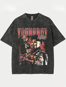 YoungBoy  Graphic Washed T-Shirt Crew Neck Short Sleeve, Summer Music Tees, 230 Grams Heavyweight Casual - màu đen - Xem 1