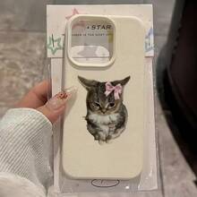 1pc White Matte Textured Cute Cat With Pink Bow Phone Case, Compatible With Iphone 16 Pro Max, 15, 14 Plus, 13, 12, 11, Series - Multicolor - View 2