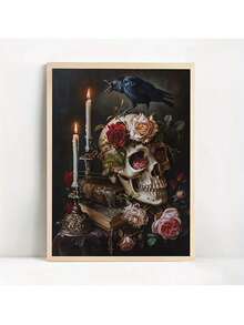 5D钻石画、骷髅花烛台设计、DIY马赛克墙饰套装、手工家居装饰礼物 - 彩色 - 查看 3