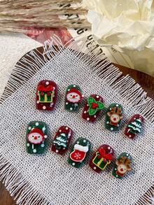 10 Pieces Of Acrylic Press On Nails, Red And Green Press On Square Fake Nails Short Nails DIY Christmas Nails, Christmas Elements 3D Nail Charms, Suitable For Women With Wedding, Party, Festival, Holiday, Holiday, Gift Nail Tools.
