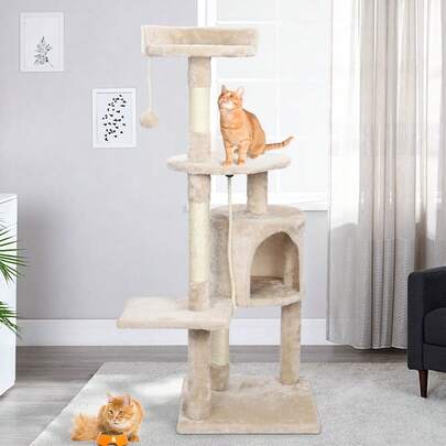 U'King 95Cm/112Cm Cat Tree, Small And Medium Cat Condos, Cat Climbing Tower With Grab Posts, Platforms,  Pompom And Sisal Rope Beige/Brown/Gray For Cat Fun, Relaxation, And Paw Care