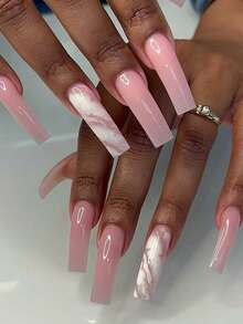 A Box Of 20 Press-On Full Coverage False Nails, Square Long Curved Shape With Pink Color And French Black Edge Design, Making Fingertips Look More Simple And Romantic, Fashionable And Versatile Suitable For All Women's Daily Wear, Comes With Nail File And Gel.