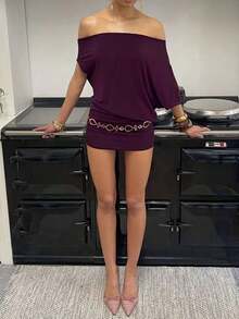 Solid Color Asymmetrical Neckline Two-Way Batwing Sleeve Waist-Cinching Bodycon Short Dress - Màu tím - Xem 2