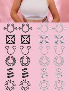 1 Pair Adjustable Clip-On Nipple Rings, Piercing-Free Body Jewelry For Women, Black/Silver, Mysterious Sexy Style - Multicolor - View 12