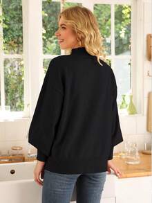Women's 2025 Fall Fashion Casual Sweaters Mock Neck Long Lantern Sleeve Lightweight Knit Pullover Sweater Tops - 黑色 - 查看 2