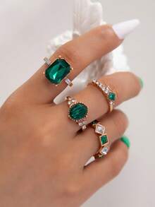 4 件套简约时尚水钻镶嵌几何创意小众女士珠宝戒指套装，适合日常佩戴和任何场合的完美礼物 - 綠色 - 查看 2