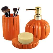 1 zestaw ceramicznych akcesoriów łazienkowych (3 sztuki), dekoracja łazienki z dynią na Halloween, jesienne zestawy łazienkowe, uchwyty na szczoteczki do zębów, dozownik do mydła, mydelniczka, organizer łazienkowy na blat kuchenny, ceramiczny dozownik do mydła w płynie o zapachu wdzięcznej dyni,