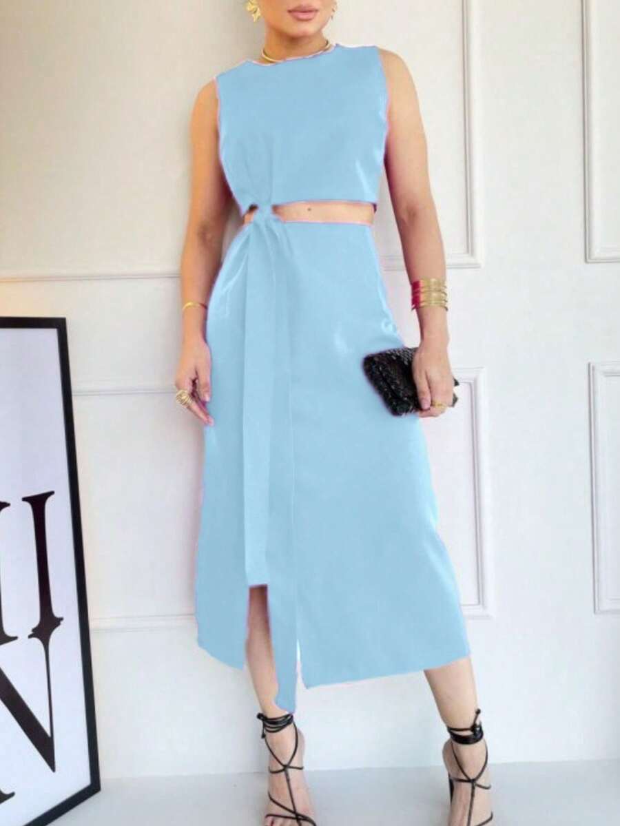 Cropped Set And Midi Skirt Elegant Tailoring - 淺藍色 - 查看 1