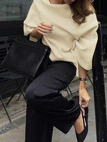 Ladies Solid Cowl Neck Knit Poncho, Fall Winter Versatile Outerwear - Apricot - View 4