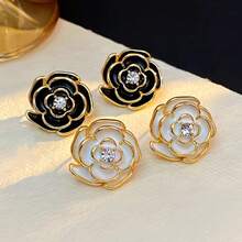 Camellia Flower Earrings. Floral Design Earrings. Made Of Brass Metal, Hypoallergenic, Oil Drop Crafted. Vintage Style Women's Earrings, Classic Charming Luxury Women's Earrings, Women's Birthday Gift. - Camellia - View 1