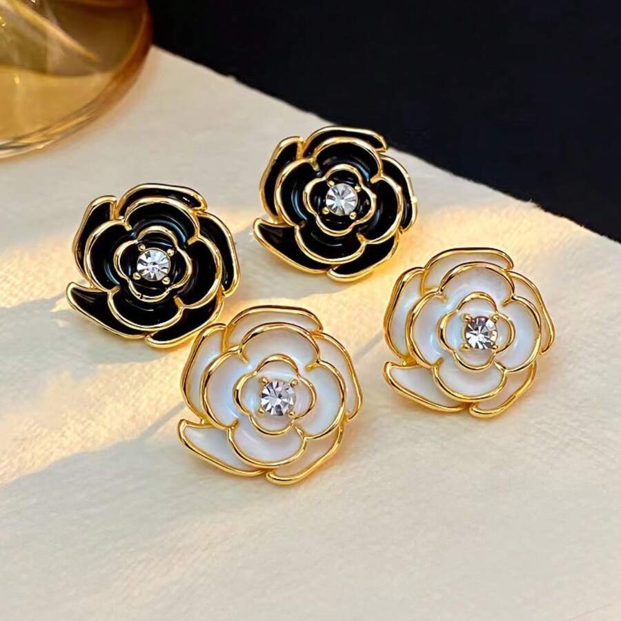 Camellia Flower Earrings. Floral Design Earrings. Made Of Brass Metal, Hypoallergenic, Oil Drop Crafted. Vintage Style Women's Earrings, Classic Charming Luxury Women's Earrings, Women's Birthday Gift. - Camellia - View 1