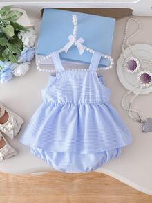 Baby Mädchen süßer karierter ärmelloser Romper mit 3D Schleifen Dekor und Knopfdesign, geeignet für tägliche Ausflüge, Frühling/Sommer - Blau - Übersicht 3
