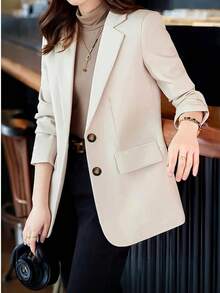Women's Elegant Beige Casual Blazer Jacket - Double-Breasted Design, Suitable For Office, Casual Outings And Commuting, Spring/Autumn
