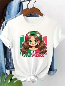 [2025 nueva llegada] camiseta de manga corta para mujeres de verano patrón de moda diseño impreso sensación de estilo casual cuello redondo pullover camiseta para mujeres top versátil - Blanco - Ver 2