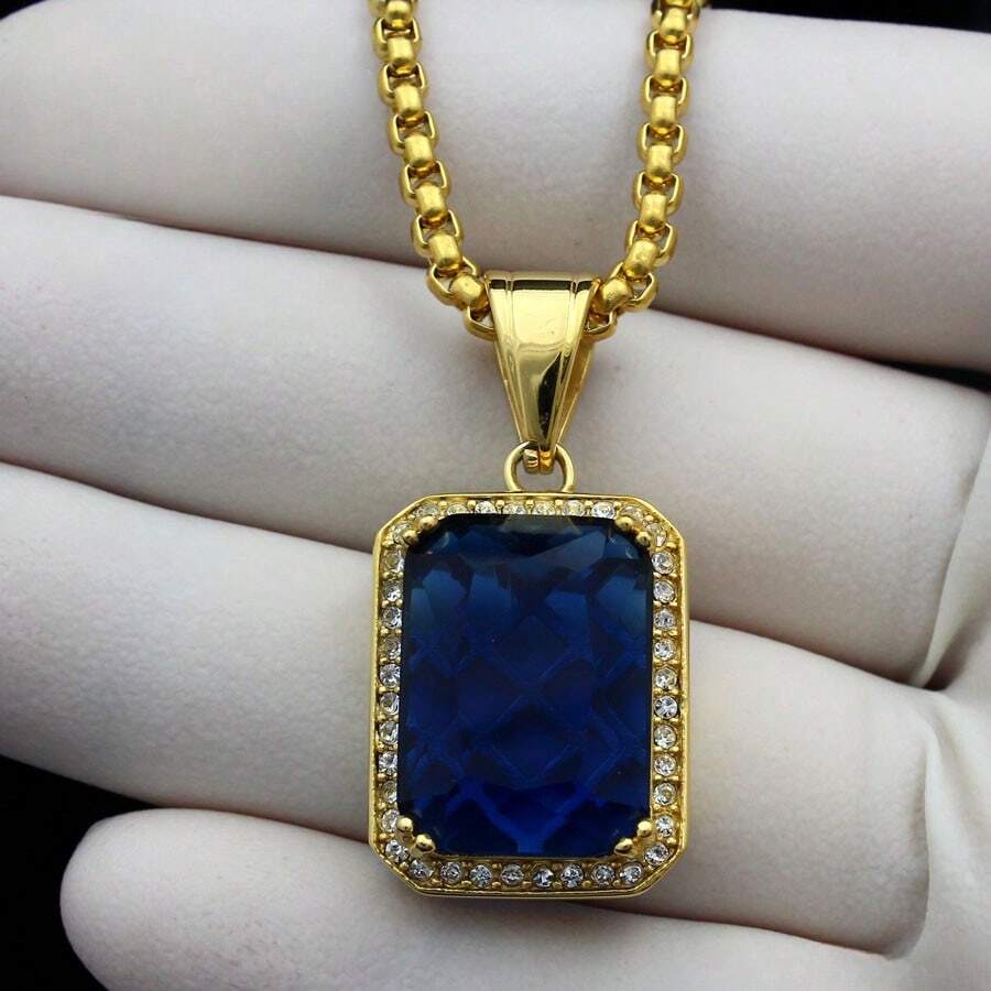 18-36"MEN Stainless Steel 3mm Silver/Gold Plated Box Chain Rhinestone Pendant - 金色+藍色寶石 - 查看 1