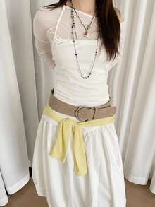 1pc Khaki PU D-Ring Buckle Suede Vintage Versatile Wide Waist Belt - Khaki - View 3