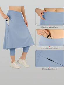 RUNONWHEELS 5 女士高腰及膝运动裙裤，带口袋，适合夏季网球运动 - 淺藍色 - 查看 5