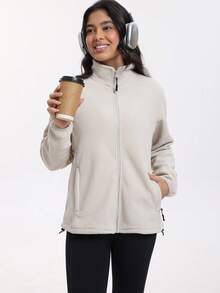 RUNONWHEELS 5 女士经典全拉链柔软保暖抓绒外套，羊羔绒内衬外套，仿毛皮长袖休闲拉链飞行员夹克，户外保暖，适合春、秋、冬运动和滑雪穿着 - 米色 - 查看 6