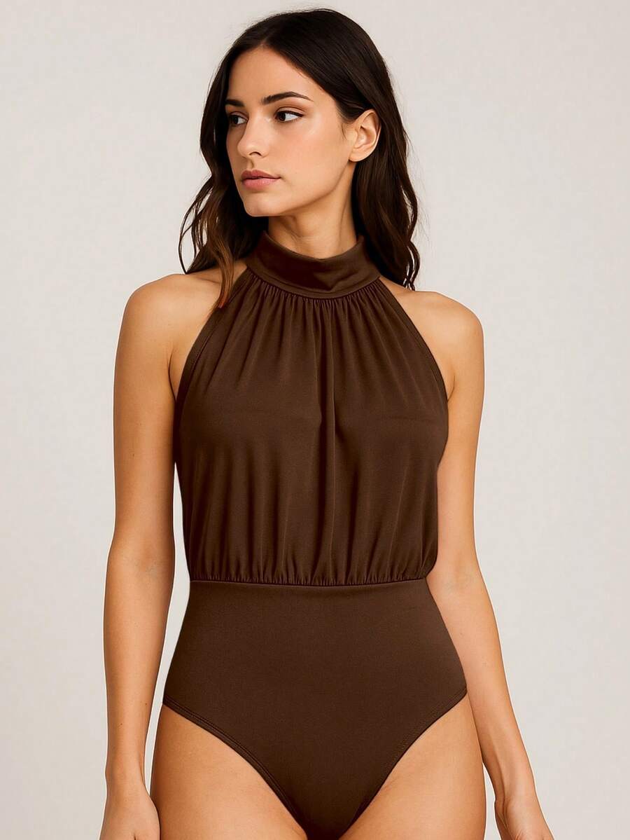 Women's Bodysuit With High Neck, Fresh And Elegant Blogger - 鏽棕色 - 查看 1