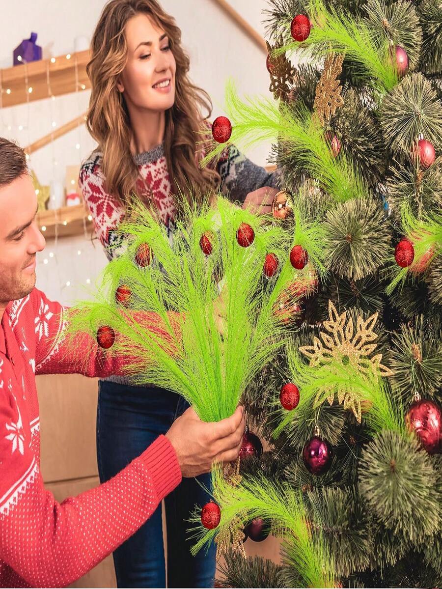 66/42/36/30/24/18/12/6/1 Pc Christmas Tree Branch Green Curly Christmas Decorations Green Hair Pampas Reed Grass Christmas Holiday Decoration Pampas Grass Christmas Reed Indoor And Outdoor Garden Decoration Home Green Red Ball Pampas Cutting Crafts Winter Room Decor