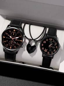 4件套时尚百搭休闲圆腰带，情侣石英表配心形吊坠项链组合套装