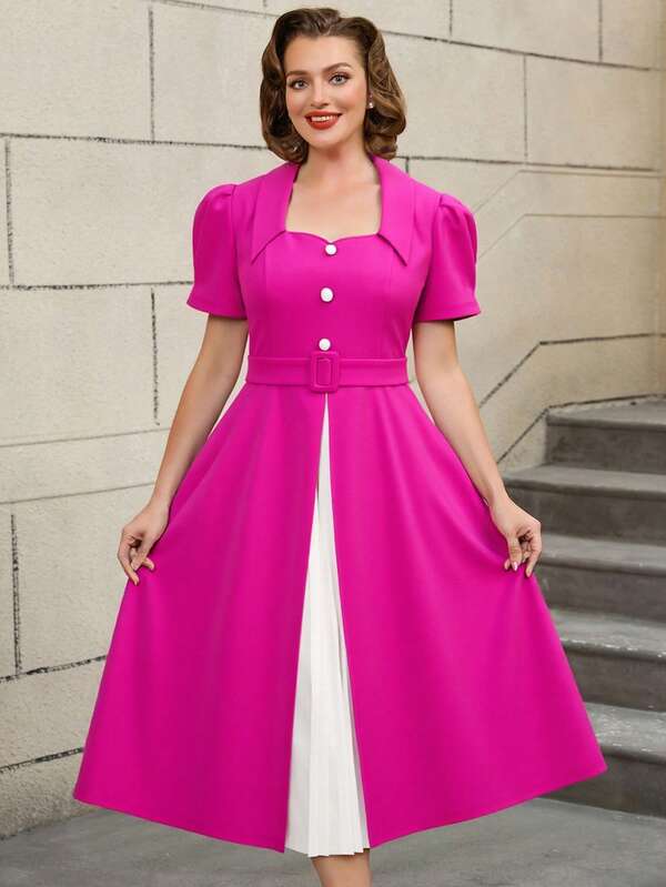 AOMEI Plus Dresses For Women Turn Down Collar With Button Colorblock A-Line Dress