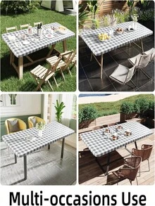 Prostokątny obrus piknikowy, elastyczny, dopasowany obrus winylowy o szerokości 1,8 m z flanelowym spodem, wodoodporny, w kratę, do jadalni, na kemping i na zewnątrz (szary i biały, 76 cm x 183 cm)