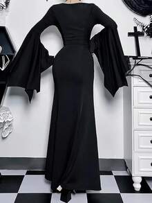 Women's Solid Color Casual Elegant Gothic Style Ruffle Sleeve Dress For Party Black - Black - View 2