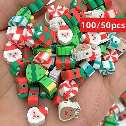 100/50pcs 9-11mm Christmas Soft Clay Beads Set For DIY Jewelry Making Assorted Santa Claus, Candy Cane, Gift Box, Snowman, Christmas Tree Beads For Bracelets, Earrings, Necklaces Crafting