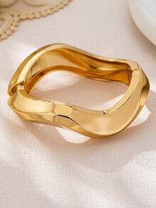 3 件/1 套简约时尚金色几何波浪不对称泪珠手镯套装，适合女性，厚实光滑的实心金属和锌合金材质 - 金黃色 - 查看 5