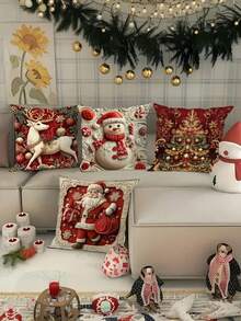 1/2/4Pcs Christmas Throw Pillow Covers Single-Sided Print - Santa, Reindeer, Snowman, And Tree Designs - Throw Pillow Covers - With Hidden Zipper Closure - Machine Washable - For Living Room And Office Decor - Multicolor - View 4