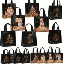 16pcs Elegant Black Christmas Gift Bags With Sturdy Handles - Luxury Golden Foil Holiday Designs (Trees, Presents, Snowflakes) - Non-Woven Fabric Bags For Xmas, New Year's, Parties, Wedding Favors - Elegant Holiday Packaging For Gifts & Decorations, Gift Bags Christmas, Party Favor Bags, Durable Festive Bags(1/8/16pcs)