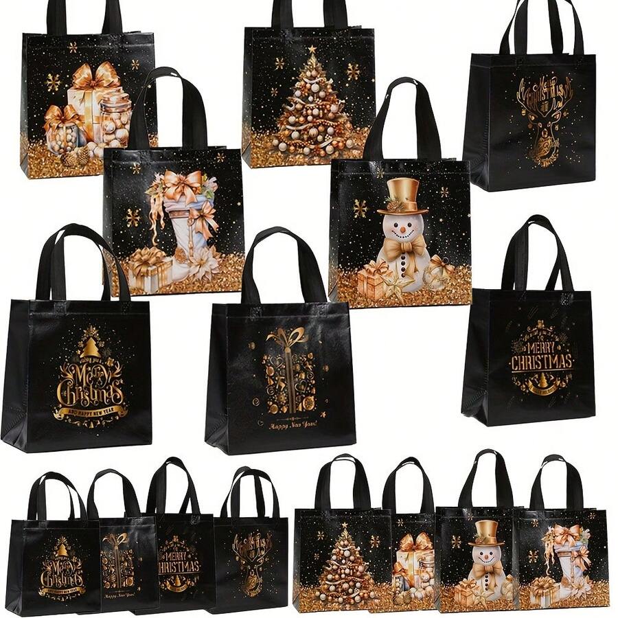 16pcs Elegant Black Christmas Gift Bags With Sturdy Handles - Luxury Golden Foil Holiday Designs (Trees, Presents, Snowflakes) - Non-Woven Fabric Bags For Xmas, New Year's, Parties, Wedding Favors - Elegant Holiday Packaging For Gifts & Decorations, Gift Bags Christmas, Party Favor Bags, Durable Festive Bags(1/8/16pcs)