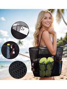1pc Waterproof Mesh Travel Beach Bag, Multi-Pocket Portable Swim Pool Clothes Organizer Tote - Multicolor - View 4