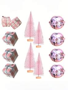 18 Stücke Mini rosa Weihnachtsbäume mit Holzsockel & Sternenglocken - Künstliche Tischdekoration für Feierlichkeiten, Heimwerken und festliche Geschenke, Weihnachtsdekoration, perfekt für Geburtstage, Hochzeiten, Weihnachtsdekorationen, Geschenke