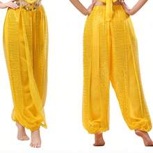 1 buc Femei Adult Dans Costum Sequin Pantaloni Lejeri Buric Dans Evidențiați Șifon Bloomers Scenă Performanță Dans Practică Pantaloni cu Lanț de Talie Eșarfă de Sold