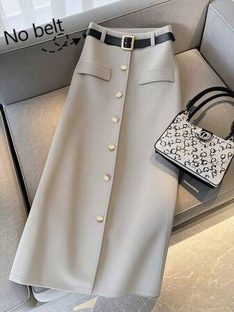 Women's Casual Straight Skirt With Front Buttons, Suitable For Commuting, Autumn/Winter