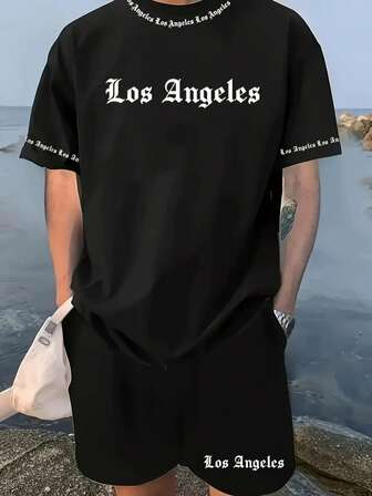 Men Plus Slogan Graphic Short Sleeve Tee & Shorts