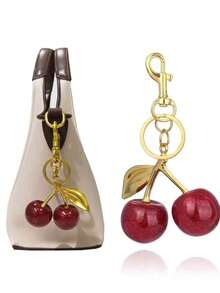 New Fashion Crystal Cherry Pendant Metal Key Chain, Suitable For Daily Wear, For Bag Accessories, Can Send Family Gifts, Friends Gifts, Classmates Gifts, Lovers Gifts, Birthday Gifts, Teachers Gifts, Souvenirs - 金色樹枝紅桃 - 查看 2