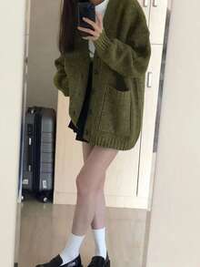 Alicedudu Women's Autumn/Winter Loose Minimalist Button-Front Cardigan With Large Pockets - Army Green - View 5